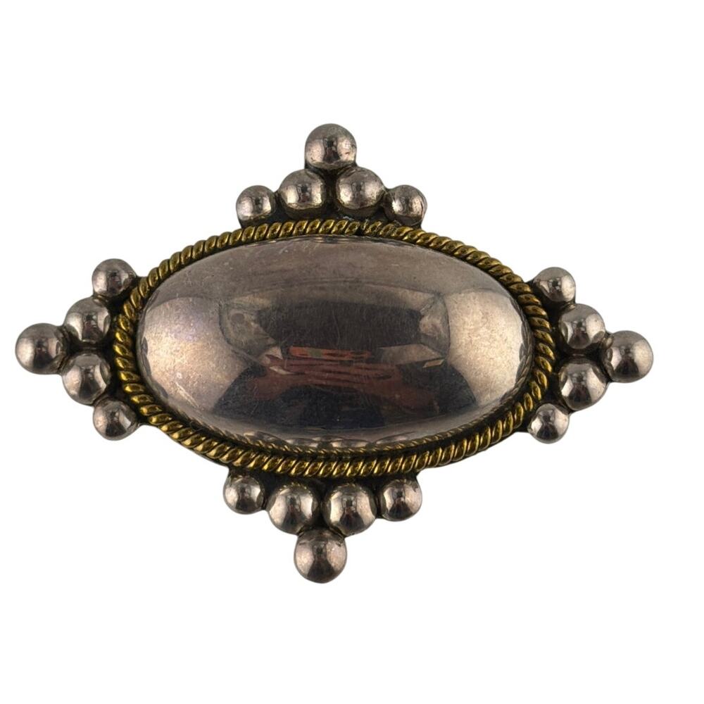 Vintage Mexican Sterling Silver and Brass Beaded Dome Brooch